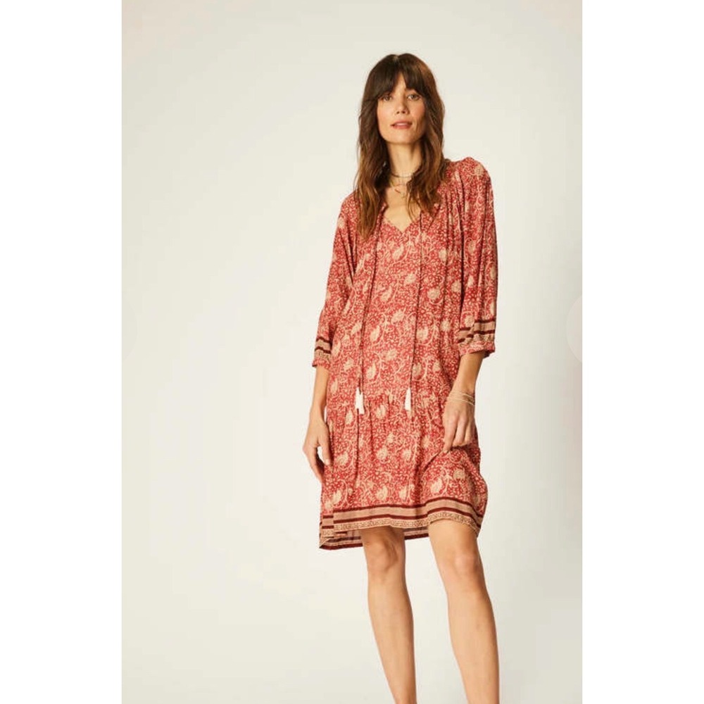 Natalie Martin Silk Floral Tassel Mini Dress Orange Yellow Boho Resort Size M‎